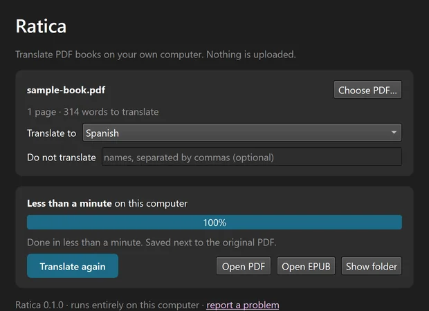 Ratica window after a finished translation with buttons to open the PDF and the EPUB