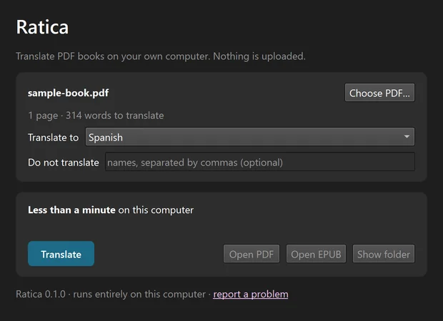 Ratica window with a book chosen, Spanish selected and the estimated time shown